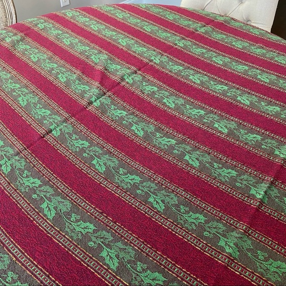 Rectangular Vintage Tablecloth Red, Green + Gold Metallic Striped Holiday/Xmas - Picture 2 of 8